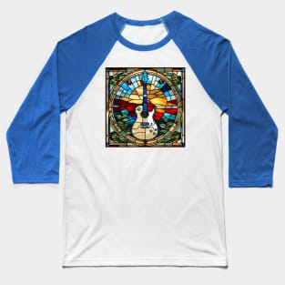 Blue Bordered Guitar Stained Glass Baseball T-Shirt